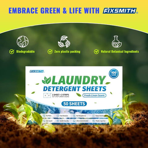 FIXSMITH Laundry Detergent Sheets, 100 Loads (50 Sheets), Fresh Linen Scent, Eco Friendly, Plastic-Free