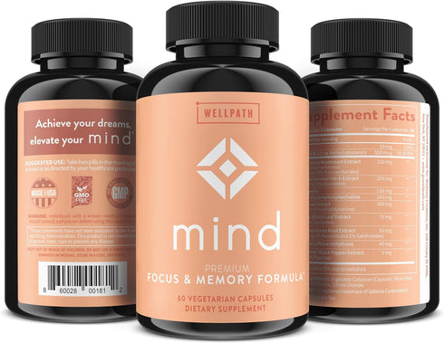 WellPath Mind Brain Supplement for Memory and Focus, Lion's Mane, Ginkgo Biloba, Vegan, 60 Ct