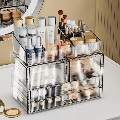 ZHIAI Clear Stackable Storage Drawers, 1 Top 4 Drawers, Bathroom Counter Organizer for Home, Kitchen Cabinets
