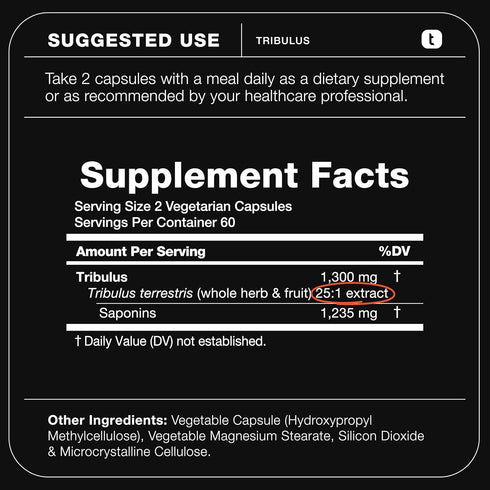 Tribulus Terrestris for Men - 1300mg Ultra High Potency 25:1 Extract with 95% Saponins, 120 Capsules