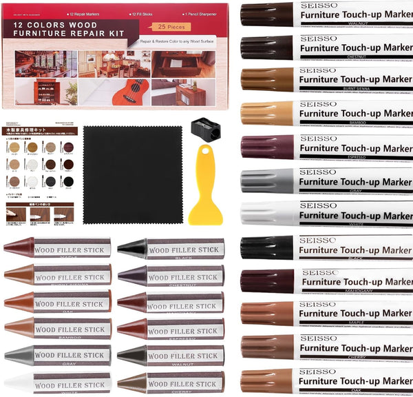 NEW Upgraded Furniture Repair Kit - Wood Markers Set of 24 with Wax Sticks, Sharpener, Black Cloth for Scratches