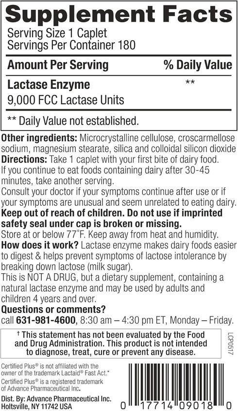Fast Acting Lactase 180 Caplets - Generic Lactase 9000 FCC Units per Caplet