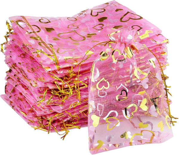 100PCS Heart Printed Organza Bags - Gift Jewelry Candy Bags for Wedding Valentine's Day 5x7Inch