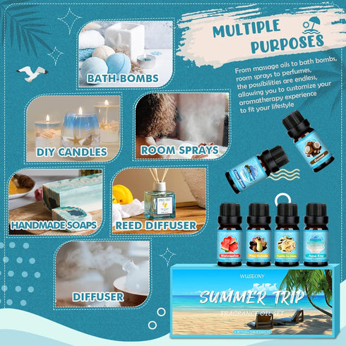 Summer Fragrance Oils Set - Premium Essential Oils for Diffuser and Candle Making (Ocean Breeze, Coconut, and More)