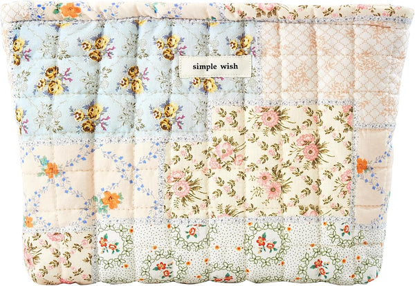 Floral Makeup Bag, Large Cotton Quilted Cosmetic Organizer, Aesthetic Portable Pouch for Women Girls Travel Accessories