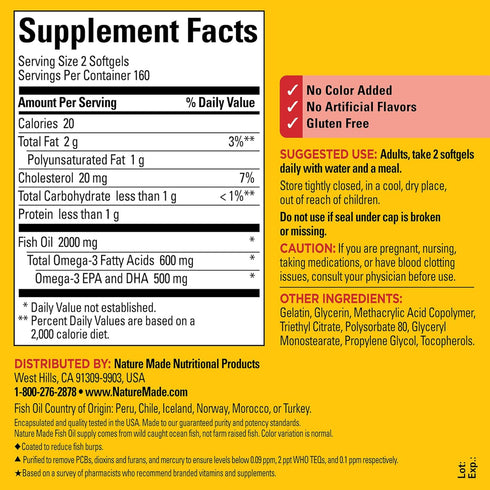 Nature Made Burp Less Fish Oil, 1000 mg Softgels, Omega 3 Supplements, 320 Softgels, 160 Day Supply