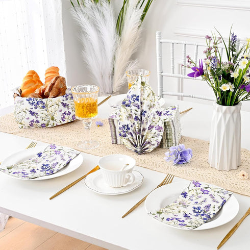 Homlouue 100PCS 3 Purple Lavender Floral Napkins, Ply Disposable Hand Towels for Bathroom, Floral Paper Napkins