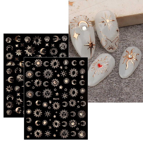 JMEOWIO 10 Sheets Moon Star Sun Nail Art Stickers, Colorful Self-Adhesive Decals for Nail Design Accessories