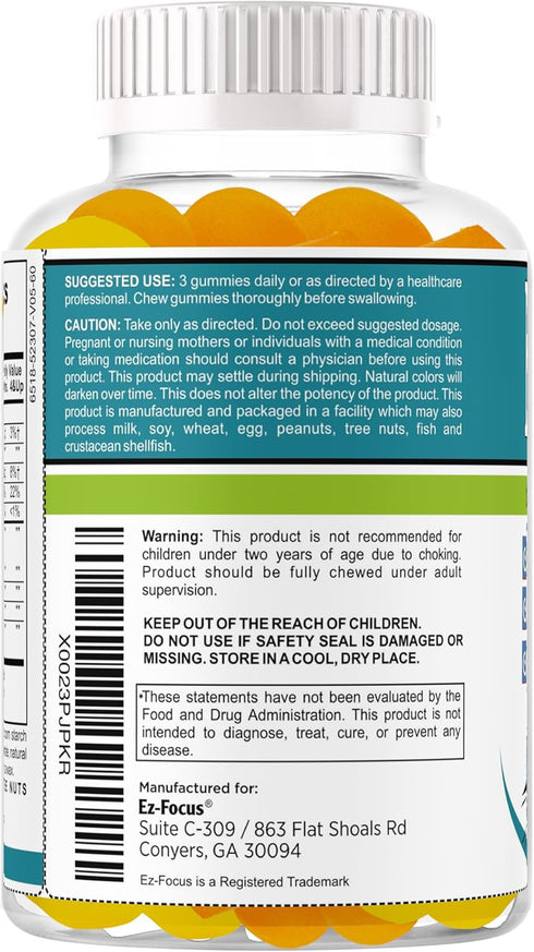 Ez Focus Gummies for Kids - Chewable Focus Vitamins for Brain Support, Attention & Calming, Natural Omegas DHA