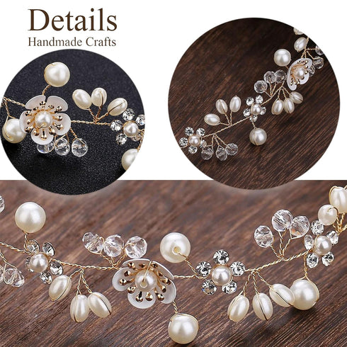 Wedding Hair Accessories for Kids, Gold Flower Girl Headband with White Flower and Pearl for Bridal Hair