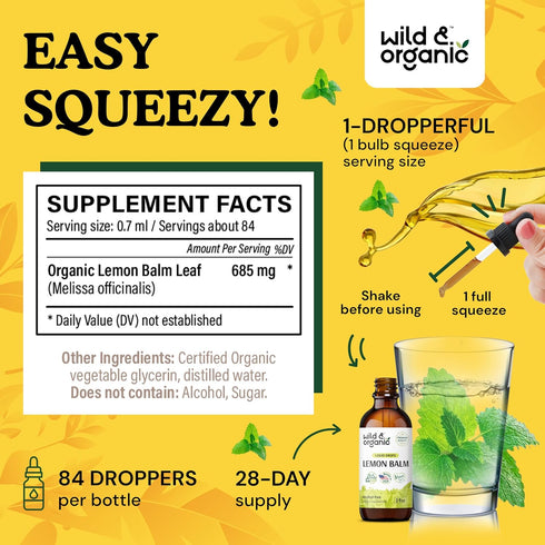 Organic Lemon Balm Tincture - 2 fl oz Liquid Extract for Stress Relief - Vegan Alcohol Free Supplement Drops