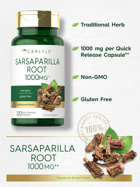 Carlyle Sarsaparilla Root Capsules, 120 Count, 1000mg, Non-GMO, Gluten-Free Supplement