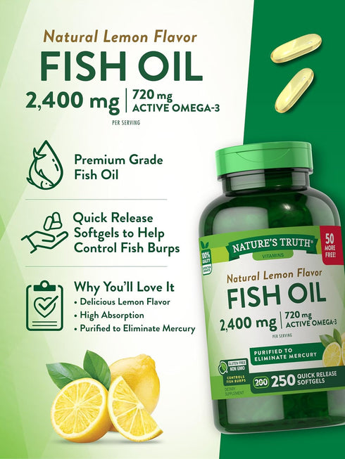 Nature's Truth Burpless Fish Oil 2400mg - 250 Softgels with 720 mg Omega 3, Natural Lemon Flavor, Non-GMO
