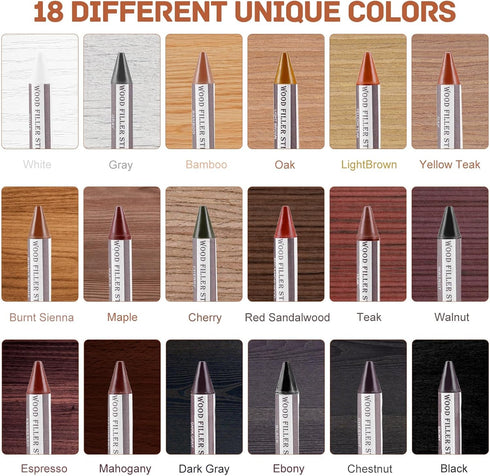 SEISSO Wood Filler Stick - 18 Colors for Furniture Scratch Repair, Perfect for Hardwood Floors & Tables