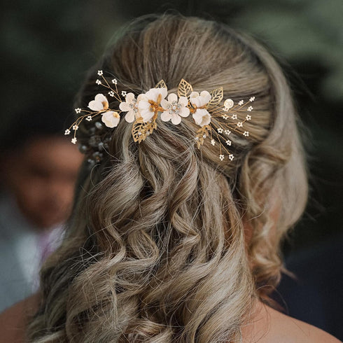 NUOBESTY 4Pcs Wedding Hair Clip Comb, Handmade Bridal Hair Clip, Pearl Floral Leaf Accessories for Women Wedding (White)