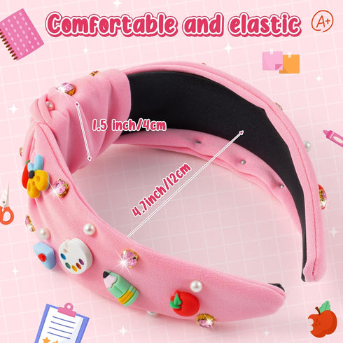 PANTIDE Teacher Jeweled Knotted Headband - Back To School Gift Apple Pencil Rhinestone Pearl Embellished Headband Wide Top Knot Hair Accessories Teacher Appreciation Birthday for Women Girls (Pink)