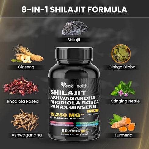 Woman,2 Rhodiola,19,445mg Immune 60 Peakhealth Shilajit Sea Moss Black Seed Oil Ashwagandha Capsules for Man Bottle