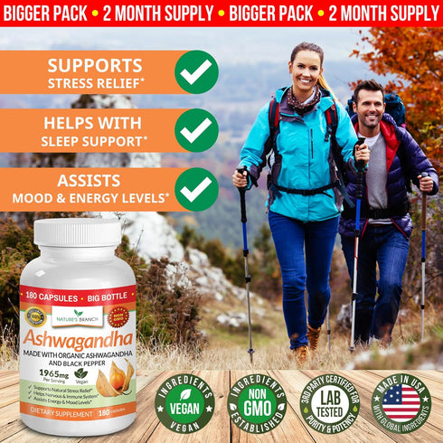 UDAF Certified Organic Ashwagandha with Black Pepper | 180 Capsules, 1965mg Extra Strength for Stress, Sleep, Mood