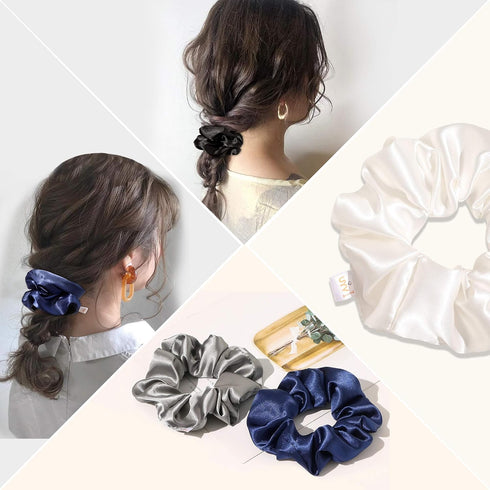 Ivyu 4 Pack Silk Scrunchies for Girls Women, Cute Hair Accessories Ponytail Holder in White, Black, Navy, Gray