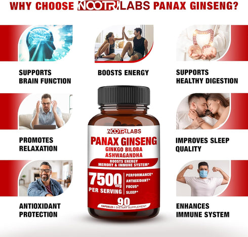 Korean Red Panax Ginseng 7500mg Highest Potency with Ginkgo Biloba and Ashwagandha, Boost Energy, Memory, and Immune System - Focus Supplement Pills for Men and Women, 90 Vegan Capsules