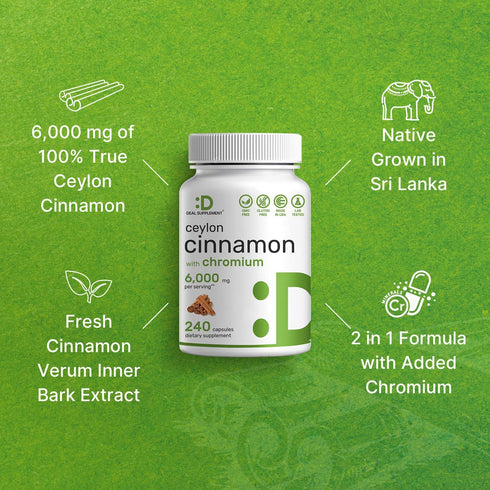 Ceylon Cinnamon 6000mg with Chromium 1000mcg - 240 Natural Capsules from True Sri Lanka Source, Active Inner Bark