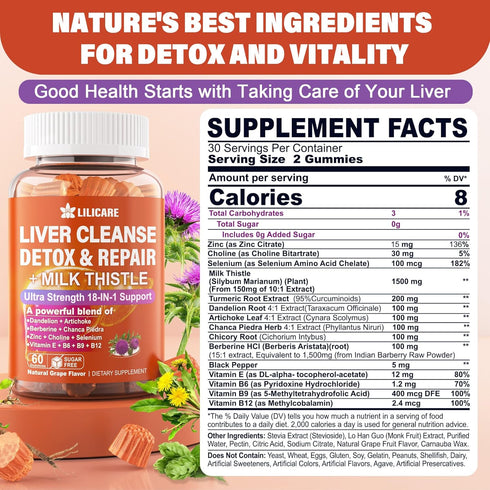 Liver Cleanse Detox & Repair Gummies with Milk Thistle 1500mg, 18-IN-1 Liver Health Supplement with Berberine and
