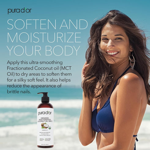 PURA D'OR 16 Oz ORGANIC Fractionated Coconut Oil - 100% Pure & Natural Cold Pressed Carrier Oil for Skin