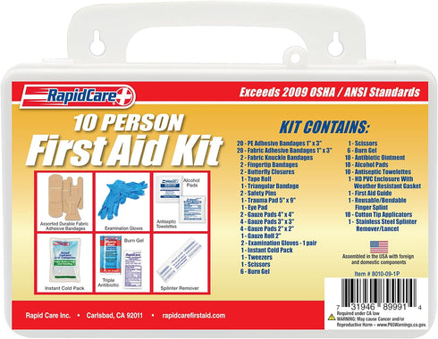 Rapid Care First Aid 8010-09-1P 10 Person OSHA / ANSI 2009 Compliant Poly First Aid Kit, 118 Pieces, Wall Mountable, White