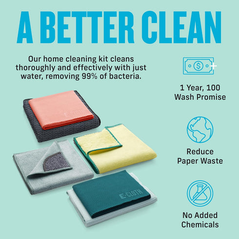 E-Cloth 6-pc Home Cleaning Essentials | Multiple Microfiber Cleaning Cloths for Streak-free Clean Glass, Kitchen, Dust