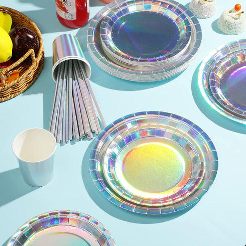 Iridescent Party Supplies, Holographic Paper Plates and Napkins Set for Mermaid Birthday Wedding Party, Serve 25