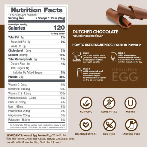 Designer Wellness Natural Egg Yolk & White Protein Powder, Keto and Paleo Friendly, Dutch Chocolate, 12.4 Ounce