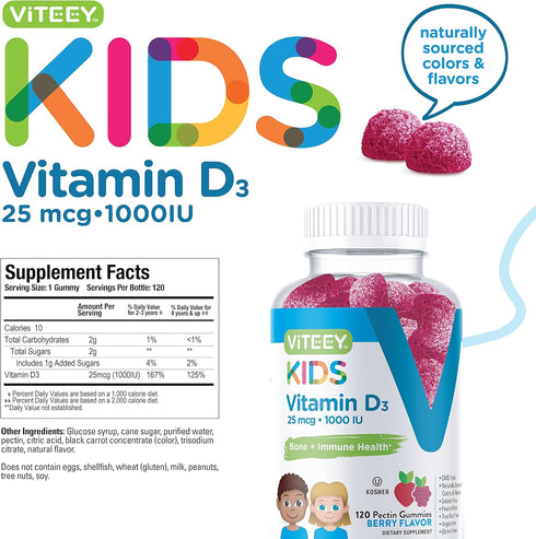 Vitamin D3 Kids Gummies 25mcg 1000 IU - Vegetarian, Gelatin Free, Gluten Free, GMO Free - Tasty Berry Flavored Gummy