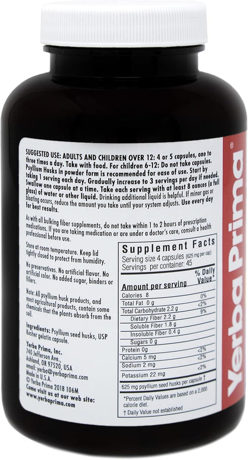 Yerba Prima Psyllium Husks Caps, 625 mg, 180 Capsules, Non-GMO Gluten Free Colon Cleansing Supplement
