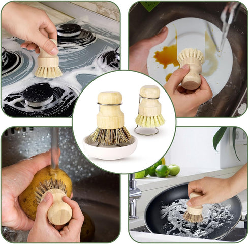 Set DEBETOOL Bamboo Dish Brush with Holder - Natural Dish Scrub Brush for Cleaning Dishes, Fast Dry Design Kitchen Dish