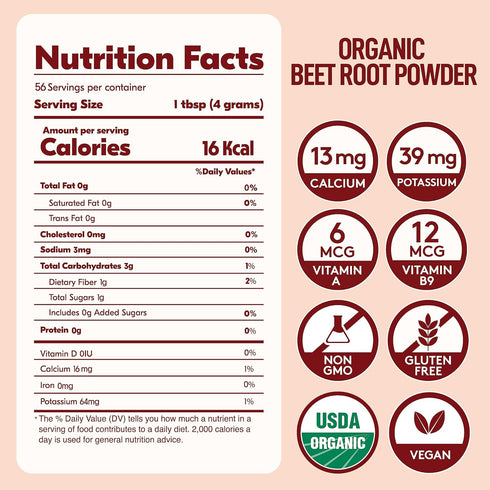 Organic Beet Root Powder, USDA Certified Nitric Oxide Supplement, Beet Juice Powder Superfood, 56 Servings, 8 oz