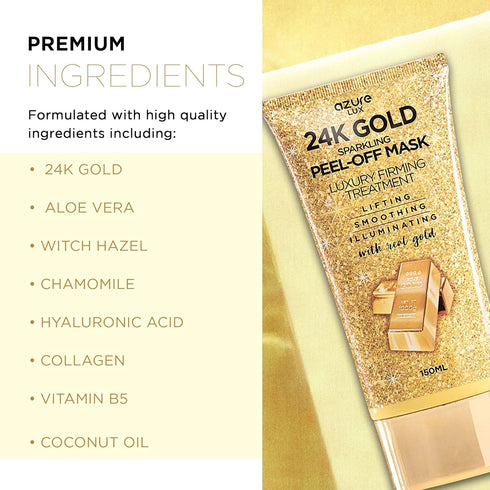 AZURE 24K Gold Firming Peel Off Face Mask- Anti Aging, Lifting, Illuminating & Revitalizing - Removes Blackheads, Dirt & Oils - With Hyaluronic Acid and Collagen - Skin Care Made in Korea - 150mL