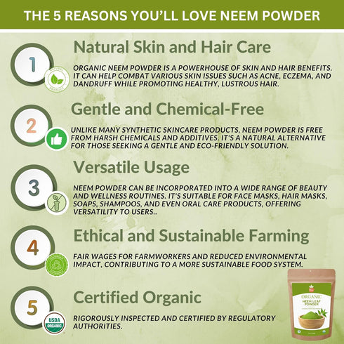 Neem Powder – 4 oz. - Certified USDA Organic -Non-GMO - Fresh Dried Neem Leaves Powder for Healthy Hair and Skin - Azadirachta Indica Ayurvedic Herb for Overall Wellbeing