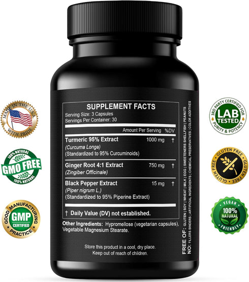 Turmeric Curcumin with Ginger, 1750mg High-Potency Formula with 95% Standardized Curcuminoids, 60 Vegan Capsules
