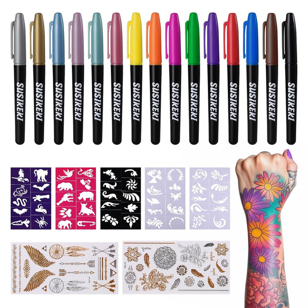 Temporary Tattoo Markers for Skin, 15 Colors Tattoo Pen + 50 Stencils + 43 Stickers, Removable Fake Tattoos Kit