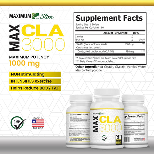 Maximum Slim MAX CLA 3000, High Potency Natural Weight Loss, 90 Count