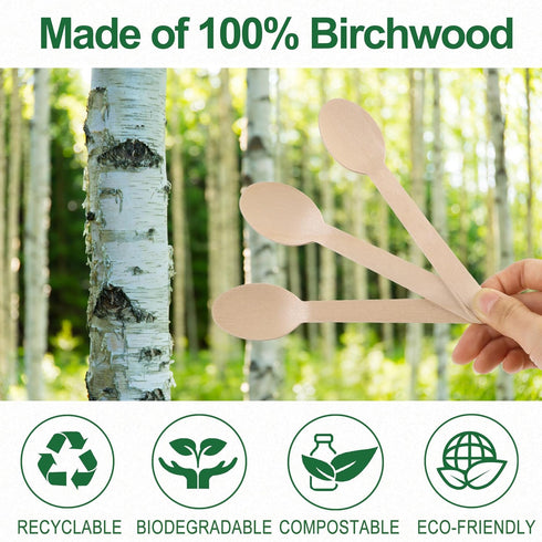 LotFancy Disposable Wooden Spoons, 250Pcs 6.25 inch Biodegradable Eco-friendly Birchwood Cutlery