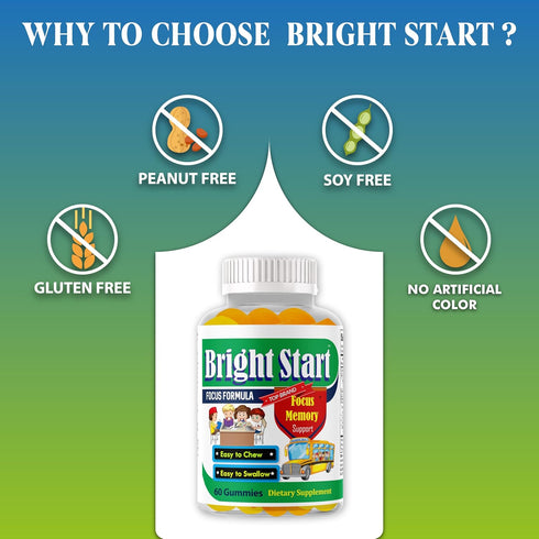 BrightStart Brain Focus Vitamins for Kids & Teens, Omega 3 Supplement, Focus Booster Nootropic Support, 60 Gummy