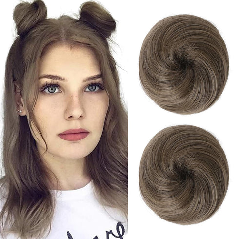 REECHO 2 PCS Mini Claw Clip Hair Bun Extensions in Messy & Cat Ears for Women Girls, 3" Straight, Ash Light Brown
