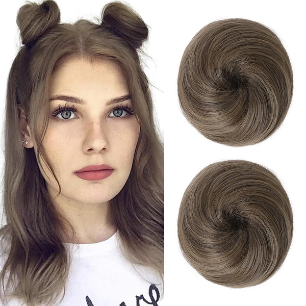REECHO 2 PCS Mini Claw Clip Hair Bun Extensions in Messy & Cat Ears for Women Girls, 3" Straight, Ash Light Brown