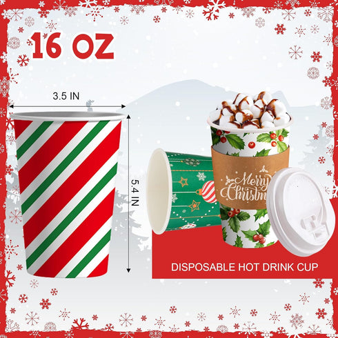Suttmin 72 Sets/ 216 16 oz Pcs Christmas Paper Cups Disposable to Go Coffee Cups with Lids and Sleeves Xmas Hot Cocoa