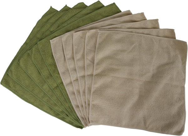 Microfiber Cleaning Cloths, Attract Dust, Use Wet or Dry, Reusable and Durable, 10 Pack, Green and Tan