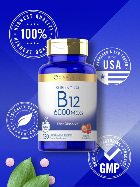 Carlyle Vitamin B-12 6000mcg | 120 Fast Dissolve Tablets | Natural Berry Flavor | Vegetarian, Non-GMO, Gluten Free