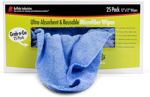 Microfiber Cleaning Cloths, 25 Pack Dispenser Box, Lint-Free Rags, 12" x 12", Colorfast Blue, Clean & Polish Wipes