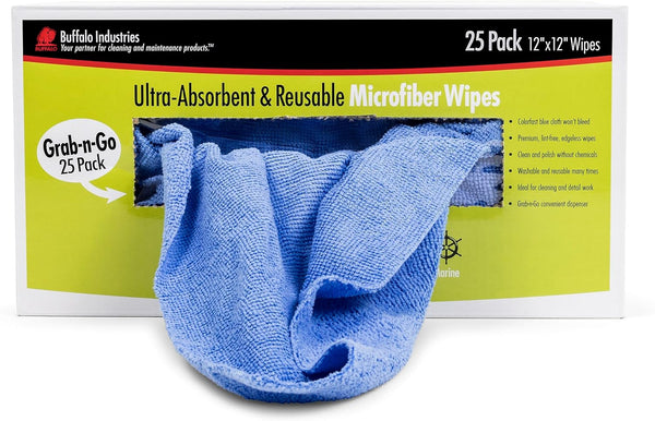 Microfiber Cleaning Cloths, 25 Pack Dispenser Box, Lint-Free Rags, 12" x 12", Colorfast Blue, Clean & Polish Wipes