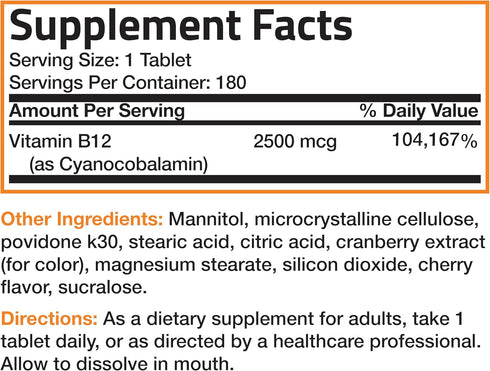 Vitamin B12 2500mcg Fast Dissolve Chewable Tablets - 180 Count, Cherry Flavored Sublingual B12 for Energy Production